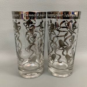 Happy Anniversary Highball Glasses Bells Clear Silver Glass 5.5" High Lot of 2
